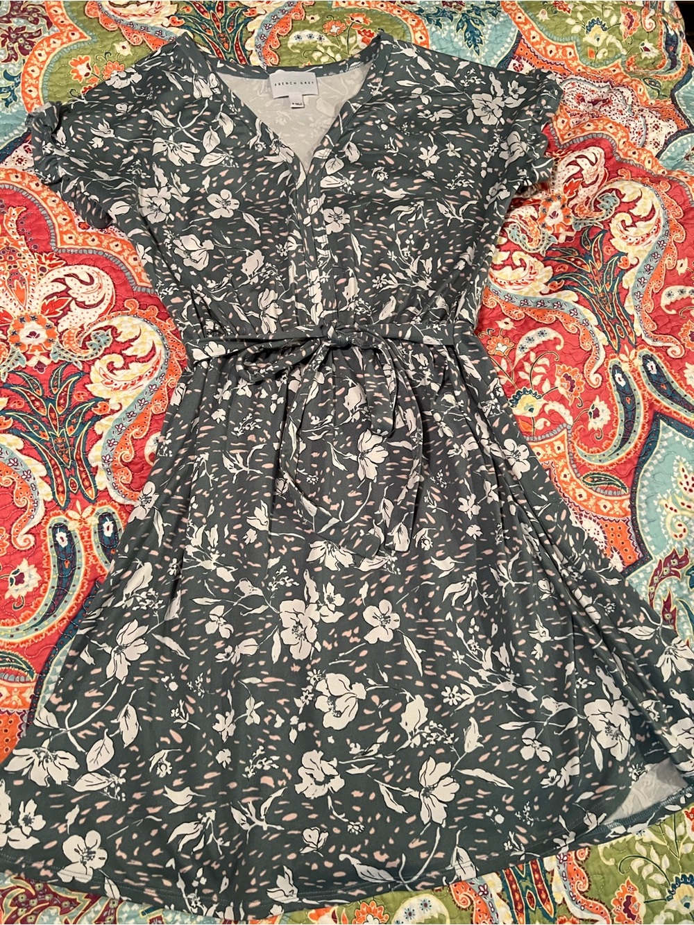 Floral V-Neck Tie-Waist Dress in Sage Green and White
